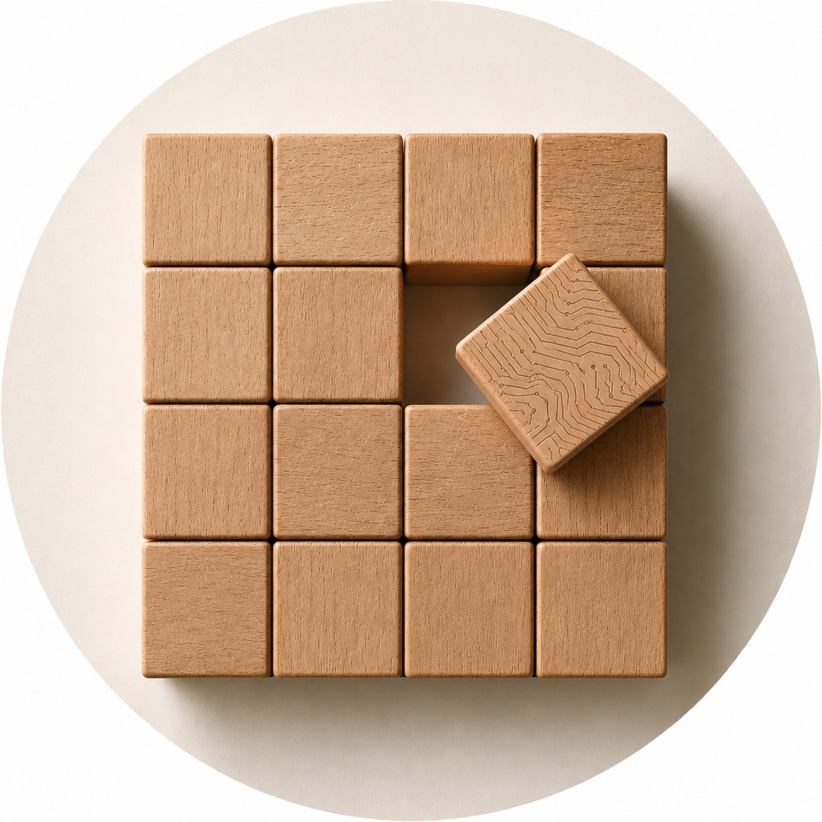 Conjunto de cubos de madera con una pieza tecnológica modular a punto de integrarse
